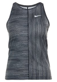 Nike linne med halterneckdesign, tillverkat av stretchigt tyg med ett svartvitt randigt mönster. Det har en liten logotyp på bröstet.