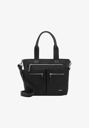 Schwarze Tragetasche aus strapazierfähigem Stoff mit zwei Reißverschlusstaschen auf der Vorderseite, stabilen Griffen und einem abnehmbaren Schultergurt.