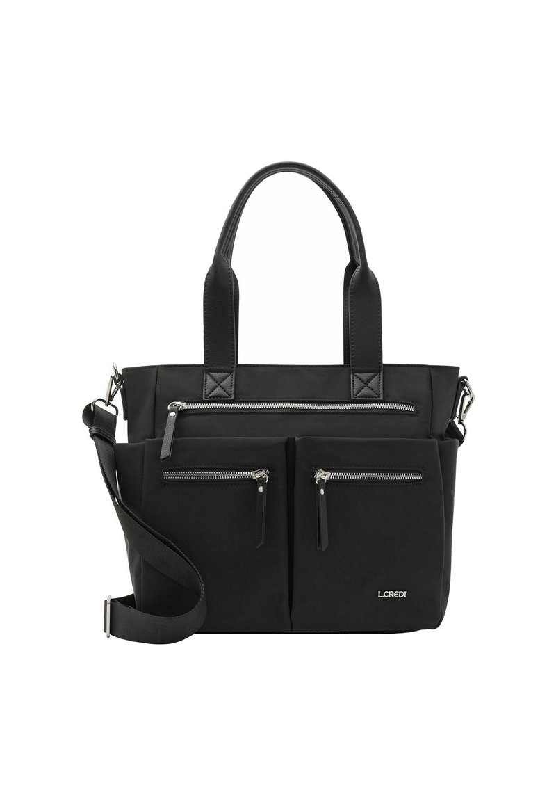 Schwarze Tragetasche aus strapazierfähigem Stoff mit zwei Reißverschlusstaschen auf der Vorderseite, stabilen Griffen und einem abnehmbaren Schultergurt.