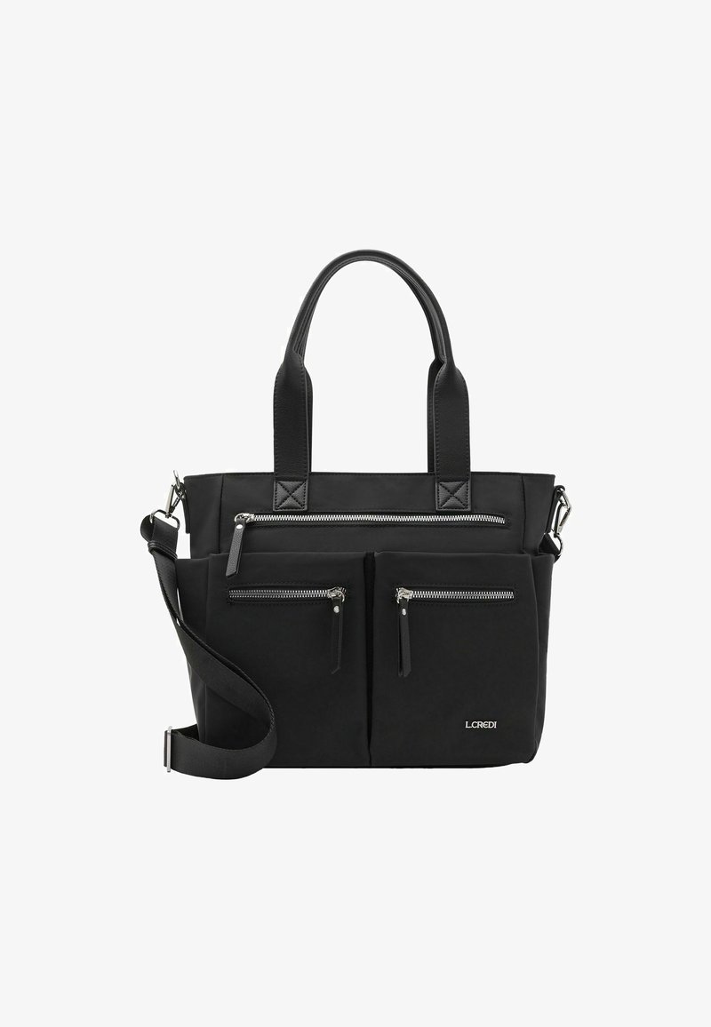 Zwarte tote bag gemaakt van duurzaam materiaal met twee ritsvo pockets, sterke handvatten en een afneembare schouderband.