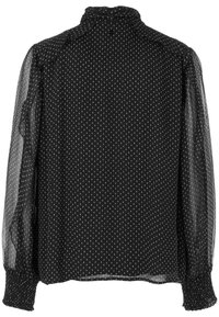 Schwarze Bluse mit Punkten, transparenten langen Ärmeln, hohem Ausschnitt, Rüschensaum und gerafften Manschetten. Hergestellt aus leichtem, strukturiertem Stoff.