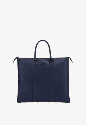 Borsa a spalla in pelle blu navy con superficie testurizzata, due manici e chiusura con cerniera. Presenta un logo sottile e dettagli metallici.