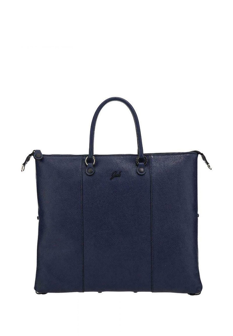 Sac fourre-tout en cuir bleu marine avec surface texturée, deux poignées et fermeture éclair. Présente un logo discret et des accents en métal.