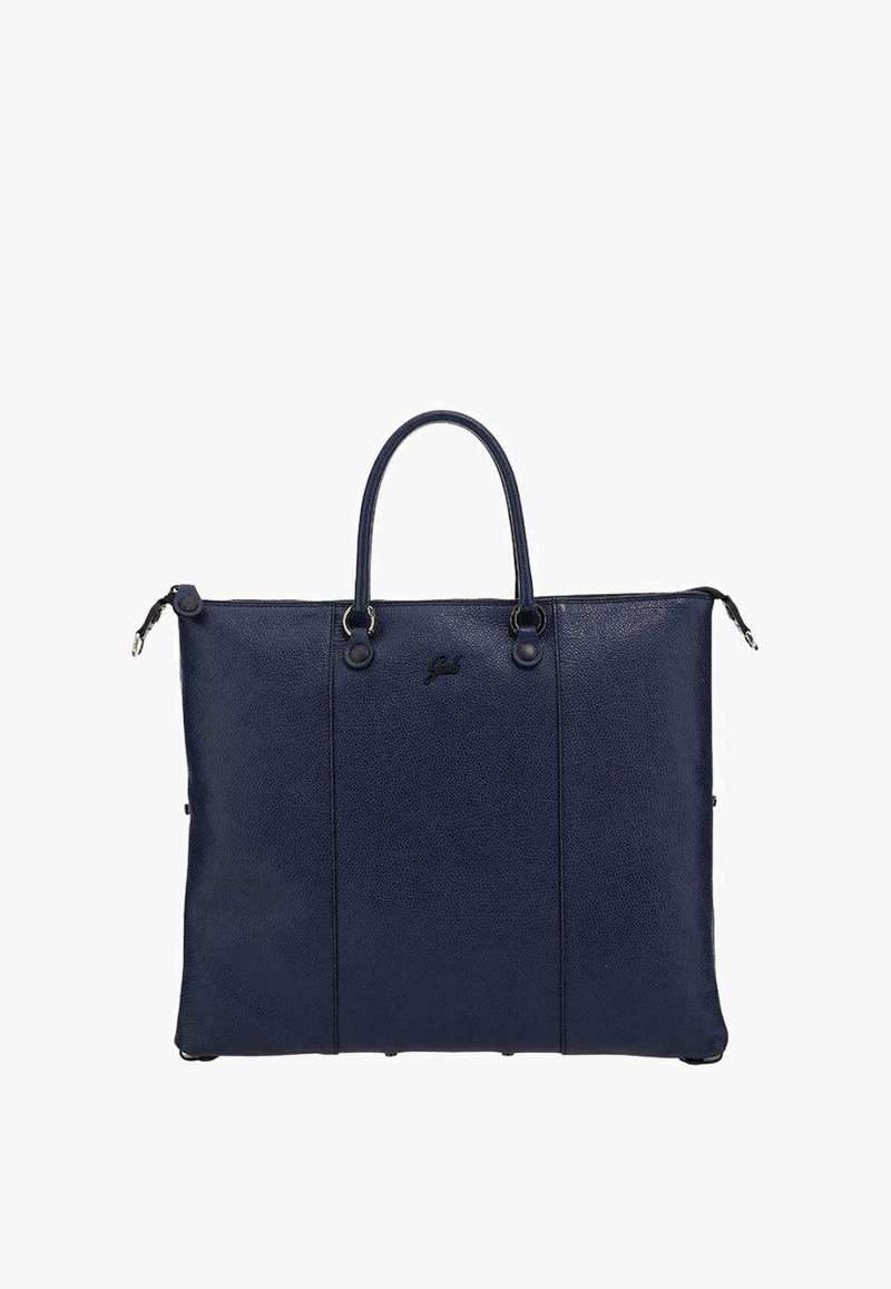 Borsa a spalla in pelle blu navy con superficie testurizzata, due manici e chiusura con cerniera. Presenta un logo sottile e dettagli metallici.