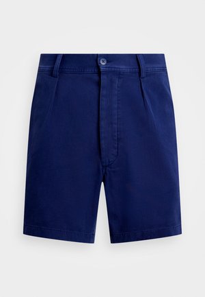 Shorts bleu marine en coton lisse, avec une fermeture à bouton, des poches latérales et une coupe droite avec des ourlets nets.
