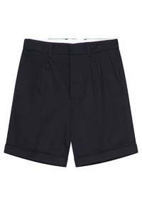 Shorts bleu marine en tissu léger, avec un design plissé, deux poches latérales et des poignets ourlés.