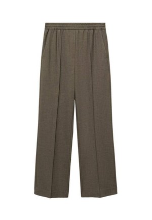 Pantaloni marroni a gamba larga con vita elastica e tasche laterali. Realizzati in tessuto strutturato con un motivo sottile.