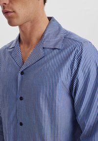 Heren overhemd met knopen in blauw en witte verticale strepen, voorzien van een spread collar, lange mouwen en plain zwarte knopen.