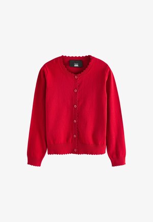 Czerwony kardigan na guziki z długim rękawem, faliste krawędzie na kołnierzu, mankietach i brzegu, oznaczony napisem "next SCHOOL".