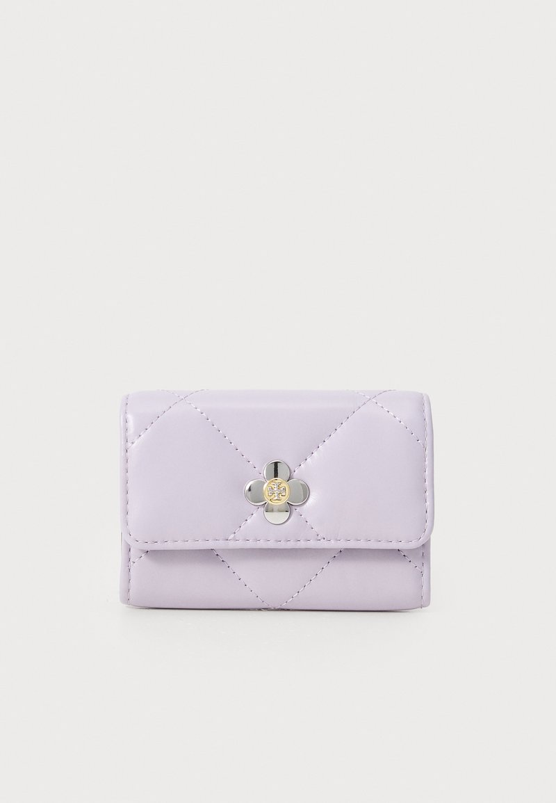 Lavender leather wallet with floral silver hardware, quilted design, and a fold-over flap. Compact with visible stitching accents.