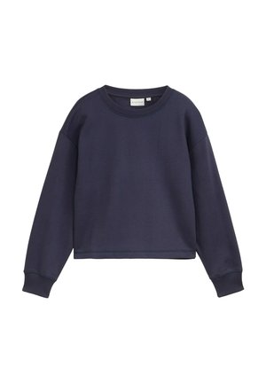 Langärmiges, marineblaues, kurz geschnittenes Sweatshirt mit gerippten Bündchen und rundem Ausschnitt, auf weißem Hintergrund dargestellt.