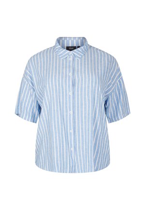 Short-sleeve button-up shirt in light blue with white vertical stripes. Made of lightweight fabric with a classic collar and relaxed fit.