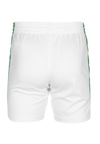 Weiße Shorts mit grünen Seitenstreifen, aus leichtem Stoff gefertigt. Verfügt über einen elastischen Taillenbund für Komfort und ein einfaches, sportliches Design.