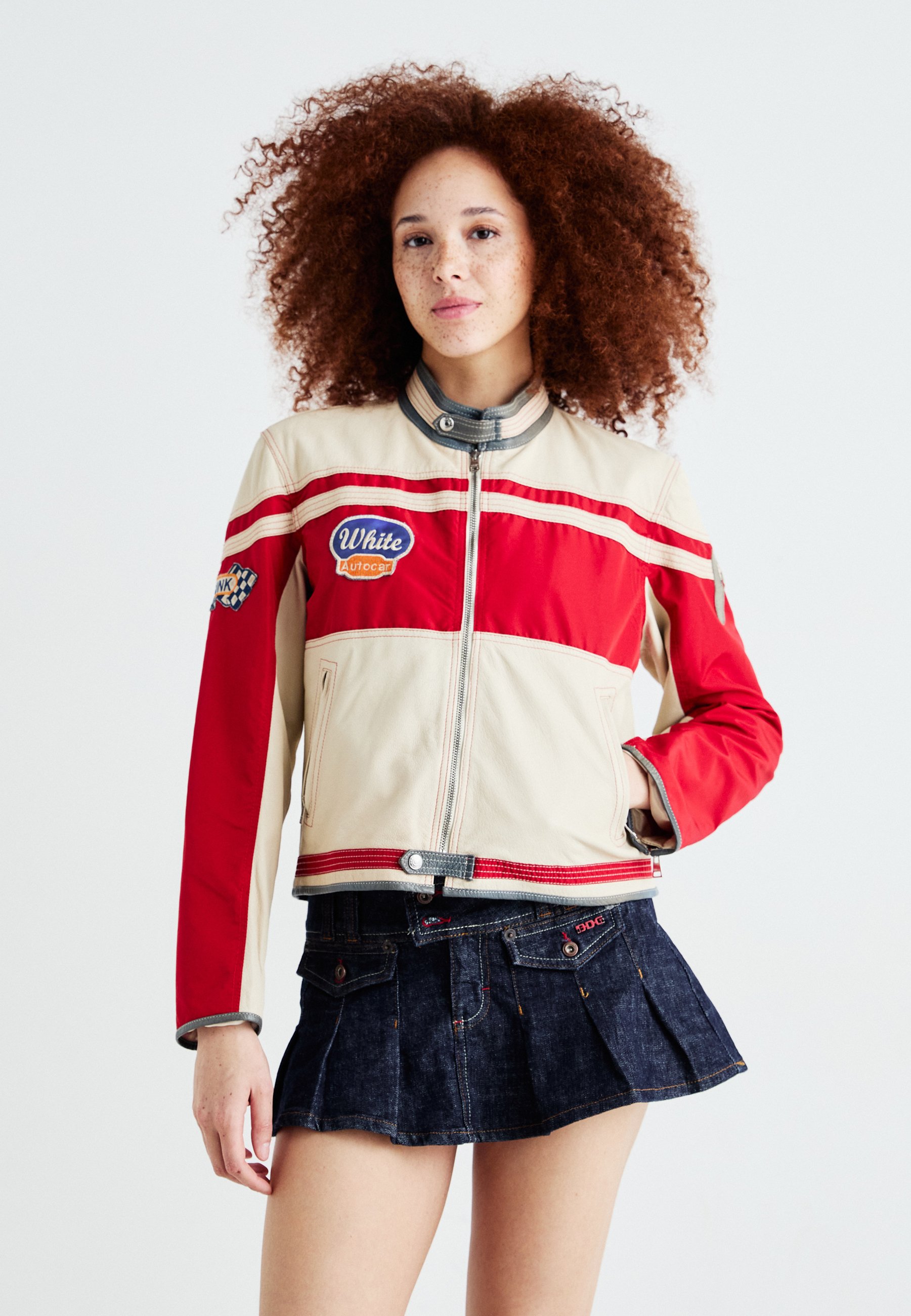 Replay Leather jacket - butter white/red/blue/off-white - Zalando 