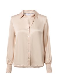 Satin blouse in light beige with a collared neckline, button front, and elasticized cuffs for added texture. Smooth fabric with a glossy finish.