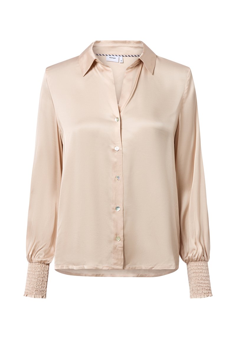Satin blouse in light beige with a collared neckline, button front, and elasticized cuffs for added texture. Smooth fabric with a glossy finish.
