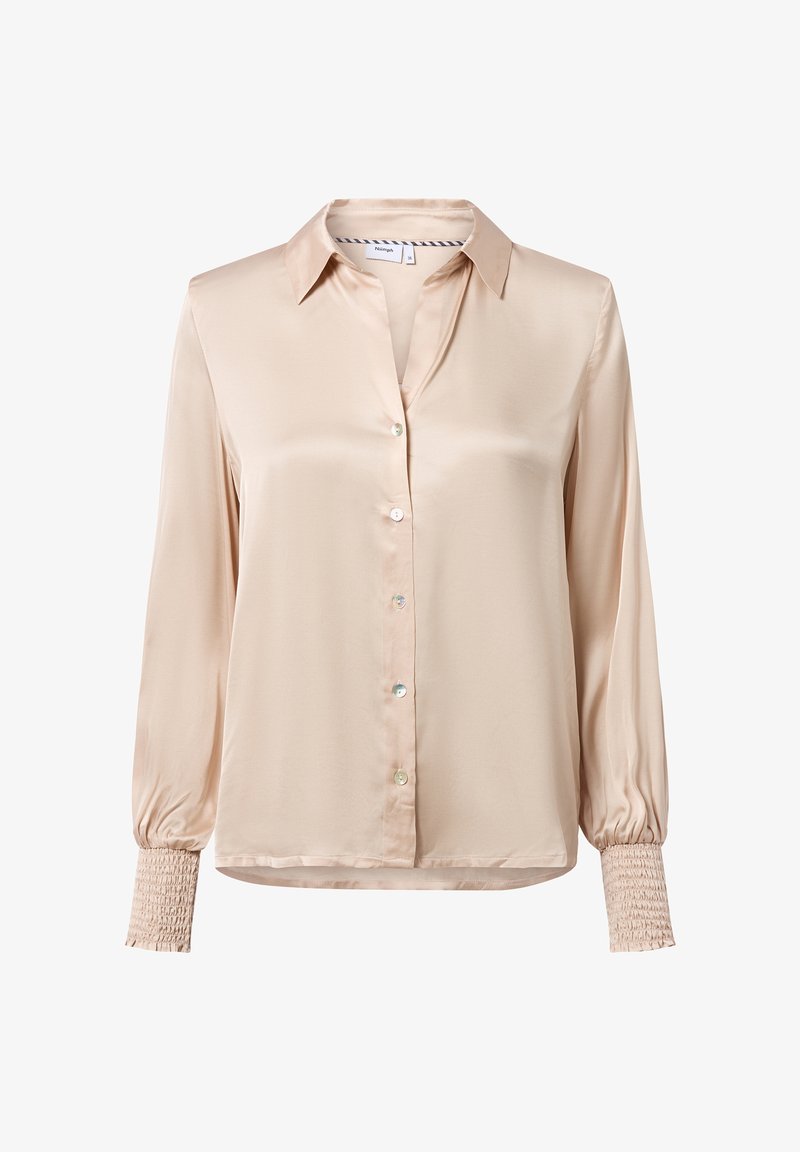 Satin blouse in light beige with a collared neckline, button front, and elasticized cuffs for added texture. Smooth fabric with a glossy finish.