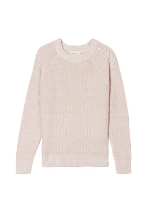 Light pink knitted sweater with a round neckline, ribbed texture, and three-button detail on the shoulder. Soft fabric, long sleeves.
