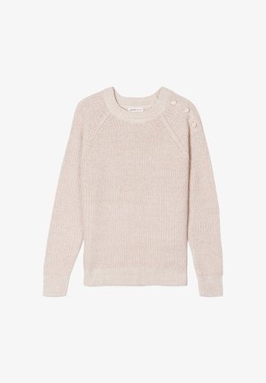 Vaaleanpunainen neulepusero, jossa on pyöreä kaula-aukko, ribbikuviointi ja kolme nappia olkapäässä. Pehmeä kangas, pitkät hihat.