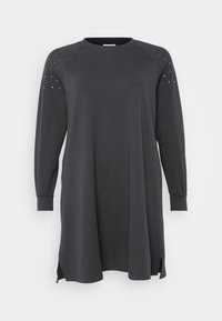 Donkergrijze sweatshirt jurk met lange raglanmouwen, zijsplitsen en bevestigde accenten op de schouders. Gemaakt van zacht, comfortabel materiaal.