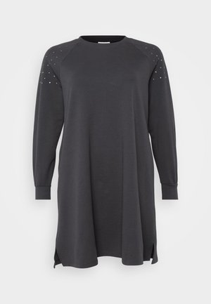 Tumma harmaa college-mekko, jossa on pitkät raglan-hihat, sivuaukot ja niittejä olkapäillä. Valmistettu pehmeästä ja mukavasta materiaalista.