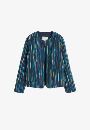 Kurtka pikowana w granatowym kolorze z wielokolorowymi pionowymi paskami. Posiada okrągły dekolt, długie rękawy i dwie przednie kieszenie.