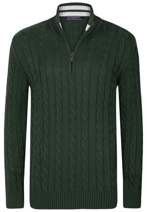 Suéter de punto verde oscuro con patrón de trenzas, cuello alto y media cremallera. Presenta puños y dobladillo de canalé, fabricado con una tela texturizada.