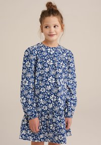 Ziedu kleita zilā un baltā krāsā, ar garām piedurknēm, apaļu kakla izgriezumu un savelktu jostasvietu ar daudzslāņu svārkiem. Izgatavota no viegla auduma.