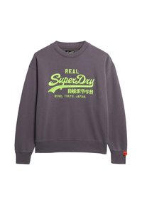 Grijze sweatshirt met een ronde hals, voorzien van een gedurfde, limegroene "SUPERDRY" grafische print en een oranje label op de zoom. Zachte stoftextuur.