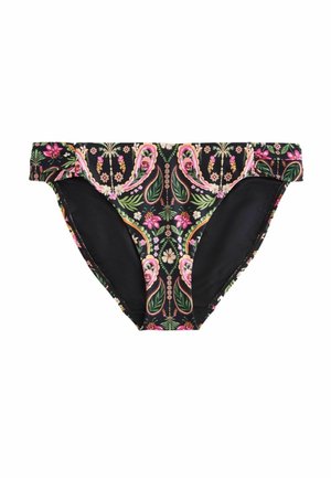 Svart bikiniunderdel med ett blommönster i rosa, grönt och vitt, med en slät yta och elastisk midja för en säker passform.