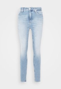 Jasnoniebieskie wąskie jeansy z przygaszonego denimu, z wysokim stanem, pięcioma kieszeniami oraz standardowym zapięciem na guzik i zamek błyskawiczny.