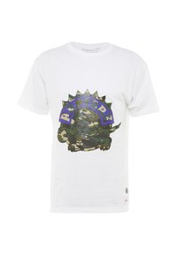 Camiseta de algodón blanca con un gráfico de una criatura camuflada y el texto "RAPTORS" en azul y verde, rodeado de picos.