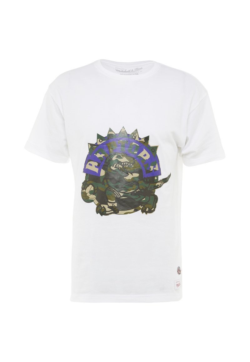 Camiseta de algodón blanca con un gráfico de una criatura camuflada y el texto "RAPTORS" en azul y verde, rodeado de picos.