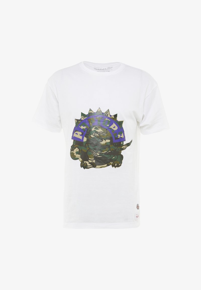 Camiseta de algodón blanca con un gráfico de una criatura camuflada y el texto "RAPTORS" en azul y verde, rodeado de picos.