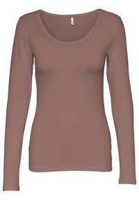 Langärmliges, figurnahes Oberteil in einem gedämpften Braunton, aus glattem, dehnbarem Stoff mit rundem Ausschnitt und klassischem Design.