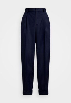 Navy pinstriped trousers with a high waist, pleats, and rolled cuffs, made of smooth fabric, offering a tailored silhouette.