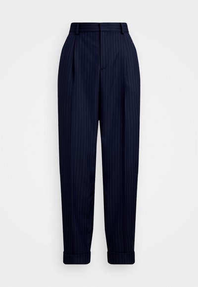 Navy pinstriped trousers with a high waist, pleats, and rolled cuffs, made of smooth fabric, offering a tailored silhouette.
