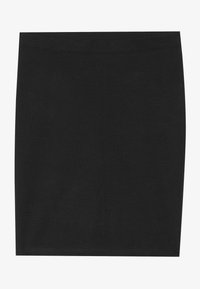 Black stretch fabric skirt, fitted design, mid-thigh length, smooth texture, no visible patterns or hardware, simple elastic waistband.