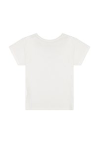 Gładka biała koszulka z krótkim rękawem i okrągłym dekoltem, wyłożona płasko, ukazująca tylną stronę na białym tle.