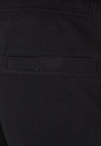 Black fabric close-up showing a horizontal back pocket with a reinforced stitched rectangular flap.