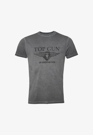 Harmaa puuvillapaita, jossa on pyöreä kaula-aukko, lyhyet hihat ja painettu graafinen kuva, jossa lukee "TOP GUN AMERICAN ICON" sekä siipimäinen suunnittelu.