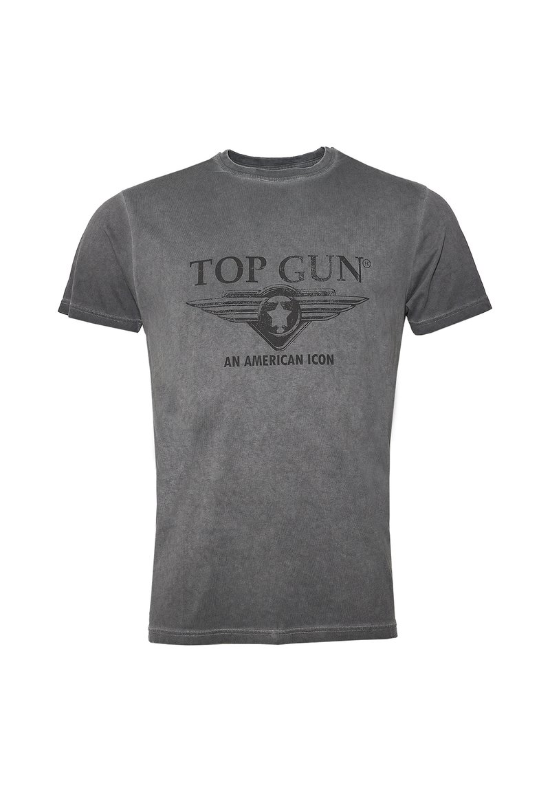 Harmaa puuvillapaita, jossa on pyöreä kaula-aukko, lyhyet hihat ja painettu graafinen kuva, jossa lukee "TOP GUN AMERICAN ICON" sekä siipimäinen suunnittelu.
