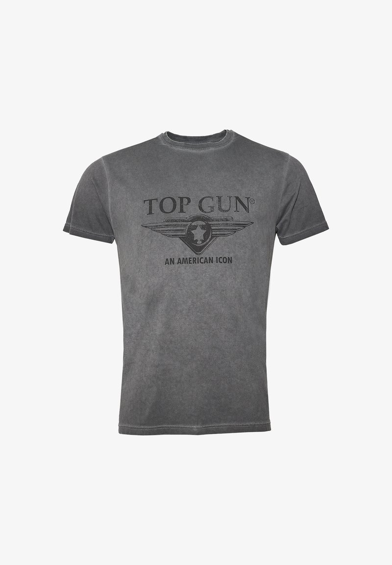 Harmaa puuvillapaita, jossa on pyöreä kaula-aukko, lyhyet hihat ja painettu graafinen kuva, jossa lukee "TOP GUN AMERICAN ICON" sekä siipimäinen suunnittelu.