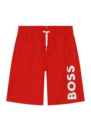 Costumi da bagno rossi realizzati in materiale leggero, con una vita elasticizzata e un laccio bianco, e un grande logo bianco "BOSS" sulla gamba sinistra.