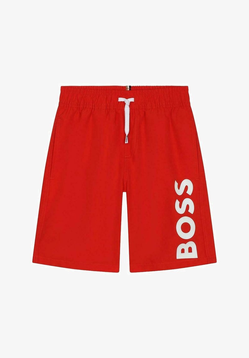 Costumi da bagno rossi realizzati in materiale leggero, con una vita elasticizzata e un laccio bianco, e un grande logo bianco "BOSS" sulla gamba sinistra.