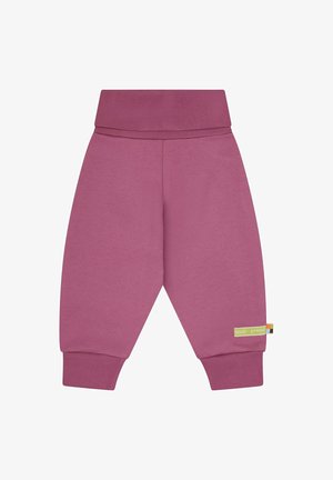 Pink sweatpants with a wide waistband, ribbed cuffs, and a small colorful label on the left side. Made from soft, textured fabric.