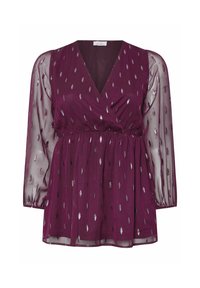 Blusa bordeaux con maniche lunghe trasparenti, scollo a V e vita arricciata. Decorata con motivi a foglia d'argento su un tessuto testurizzato.
