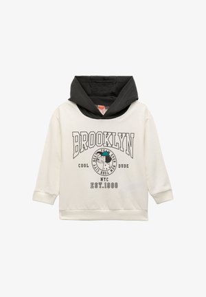 Lys beige hoodie med sort hætte, prydet med "BROOKLYN" tekst, grafisk emblem og ribbede manchetter. Blødt stof med blandede teksturer.