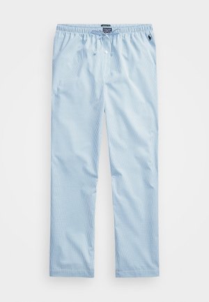 Light blue checkered pants made of soft fabric, featuring an elastic waistband with drawstring, and a logo accent on the side.