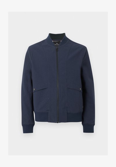 Veste bomber bleu marine avec fermeture éclair à l'avant, col, poignets, ourlet côtelés et deux poches à rabat avec boutons pression.